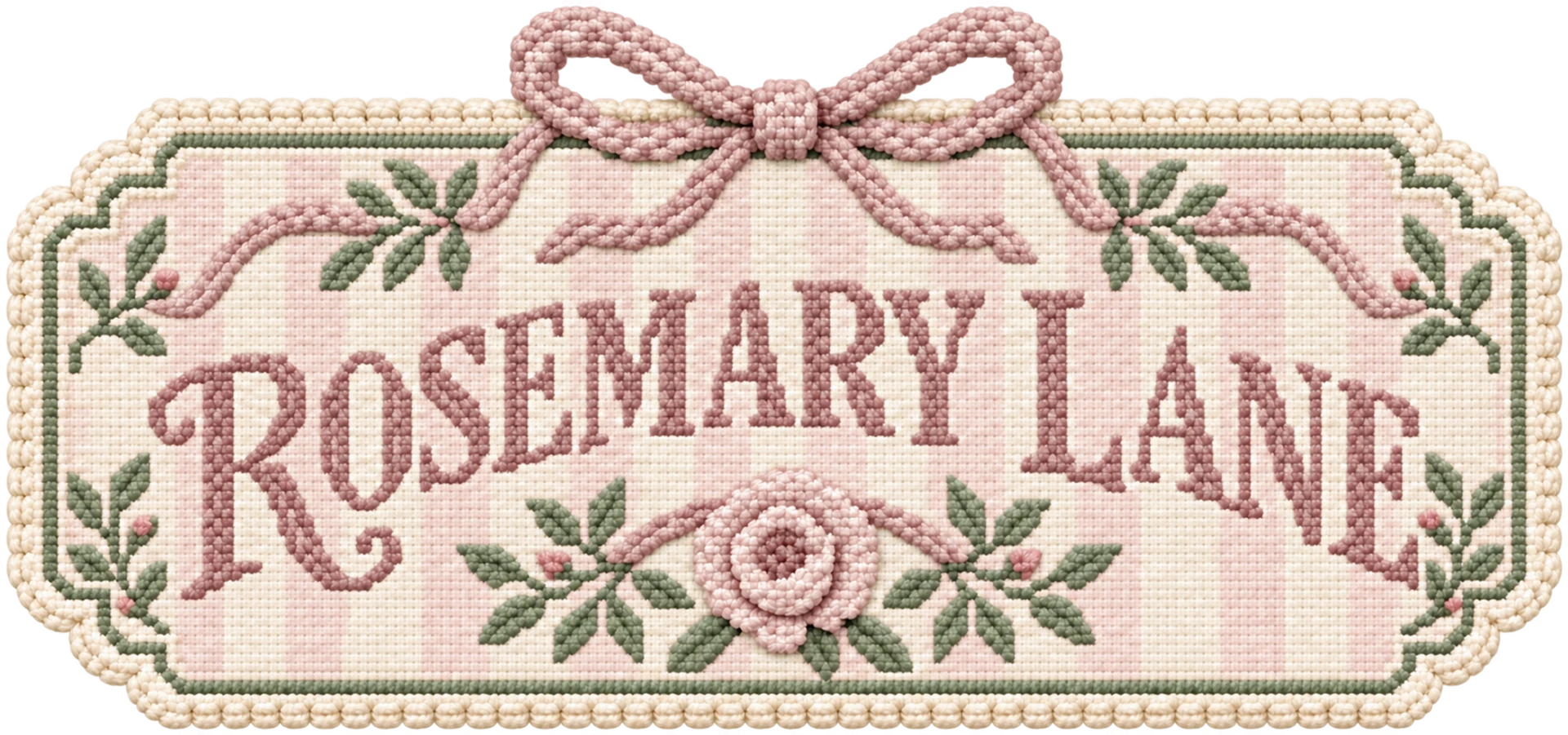 Rosemary Lane needlepoint wordmark in dusty blush, warm ivory and muted sage, with a top bow and rose